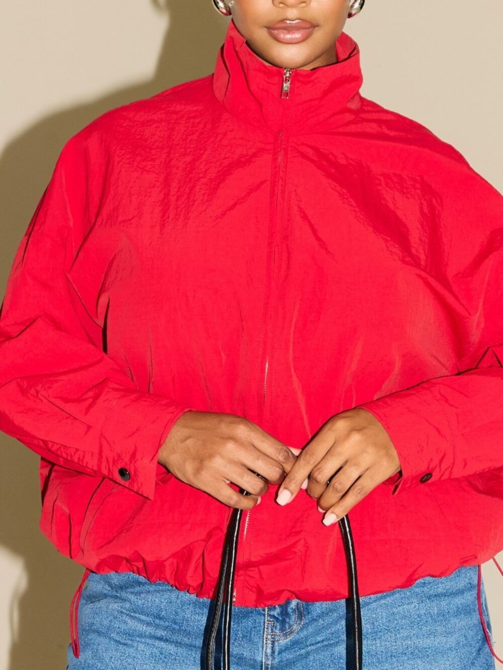 Red Casual Women's Plus Size Zip Track Jacket Funnel Neck Windbreaker